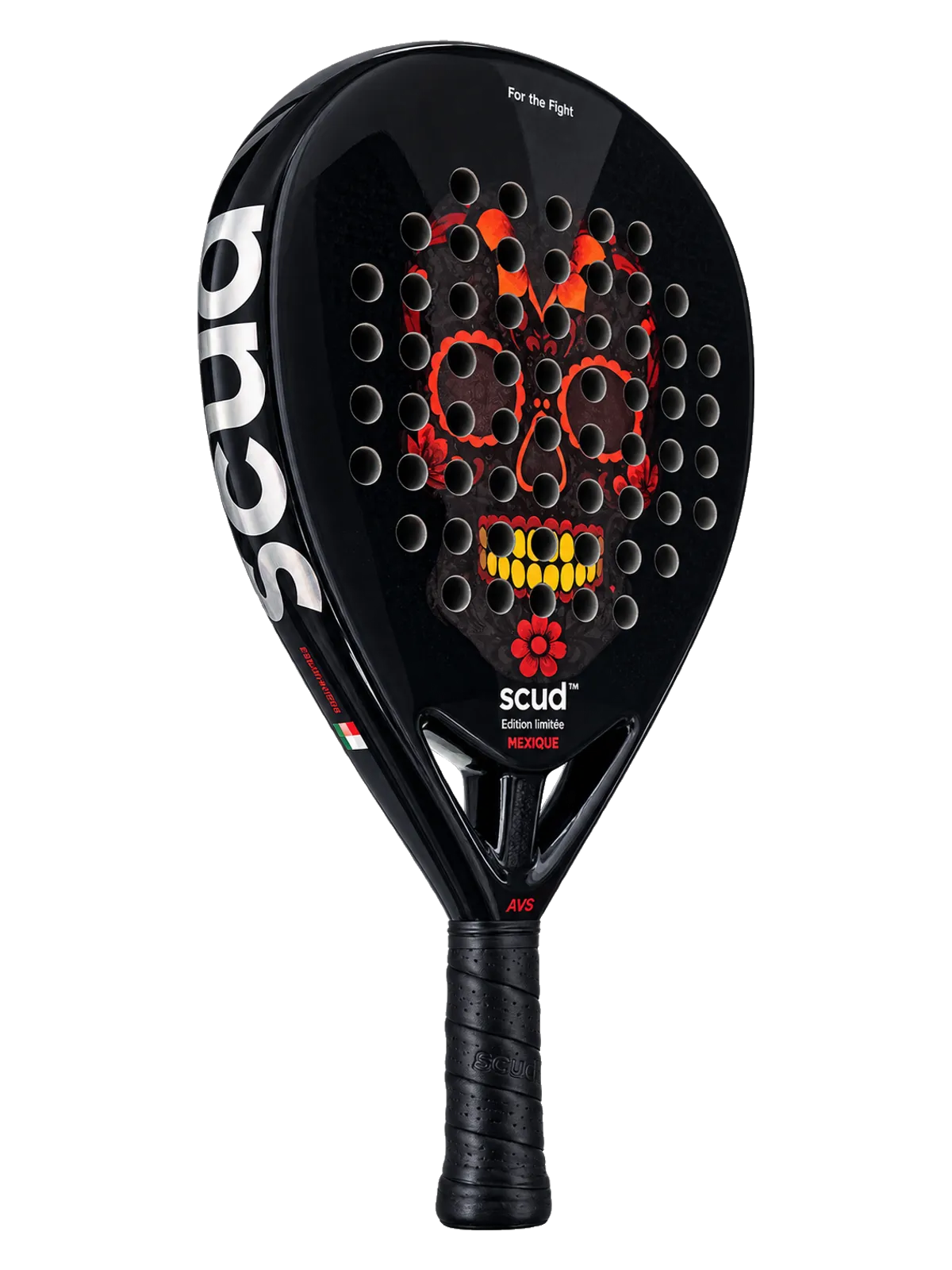 Raquette de padel SCUD Mexique M1 noire avec crâne Día de los Muertos rouge et jaune, vue de trois quarts