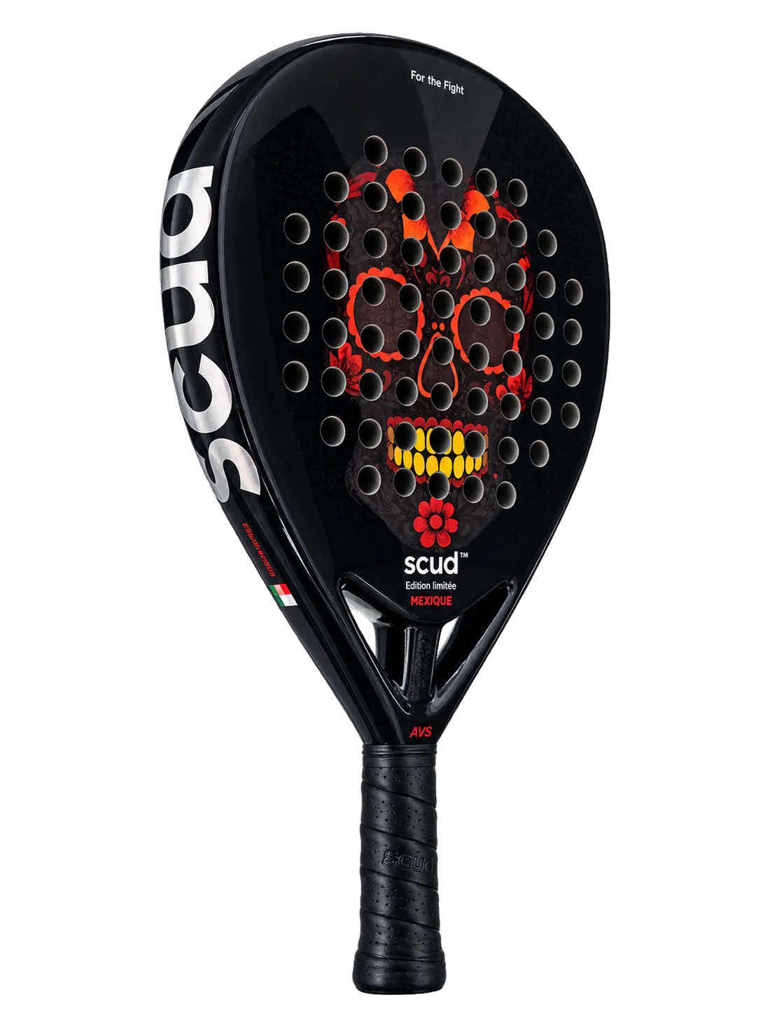 Raquette de padel SCUD Mexique M1 noire avec crâne Día de los Muertos rouge et jaune, vue de trois quarts