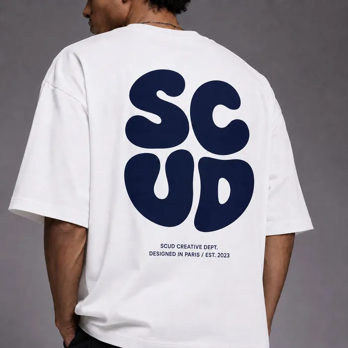 Espalda de la camiseta SCUD blanca oversize puesta: gran logotipo SCUD de cuatro letras en azul marino, con SCUD Creative Dept. y Designed in Paris / Est. 2023