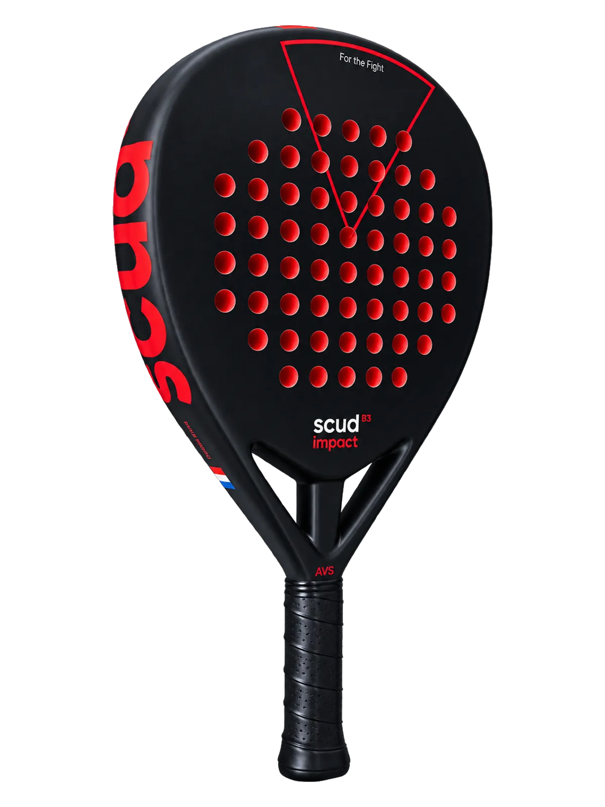 Raquette de padel SCUD Black Impact B3 noire, face avec perforations rouges et triangle rouge, vue de trois quarts