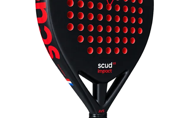 Black SCUD Black Impact B3 padel racket, face with red perforations and a red triangle, three-quarter view