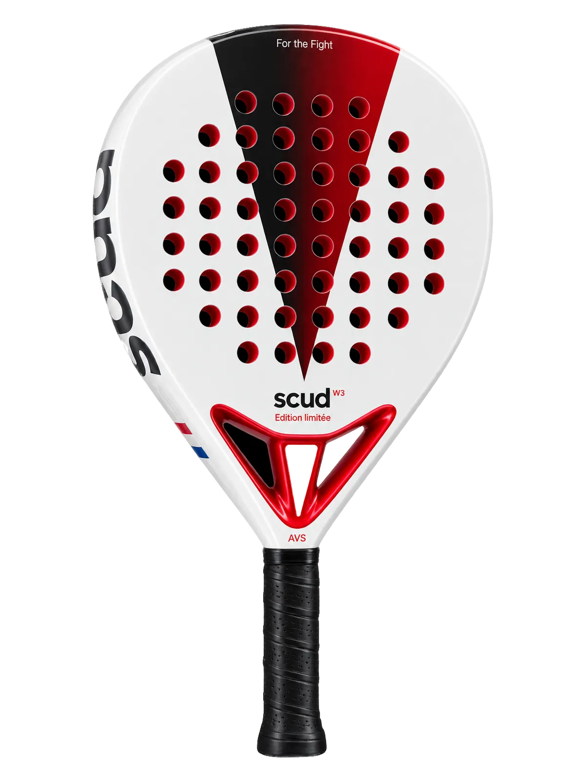 Raquette de padel SCUD White S3 blanche avec chevron rouge et noir et cœur AVS rouge, vue de face