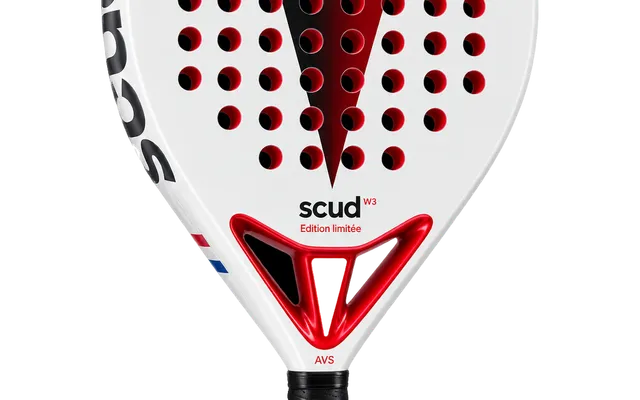 White SCUD White S3 padel racket with red and black chevron and red AVS heart, seen from the front