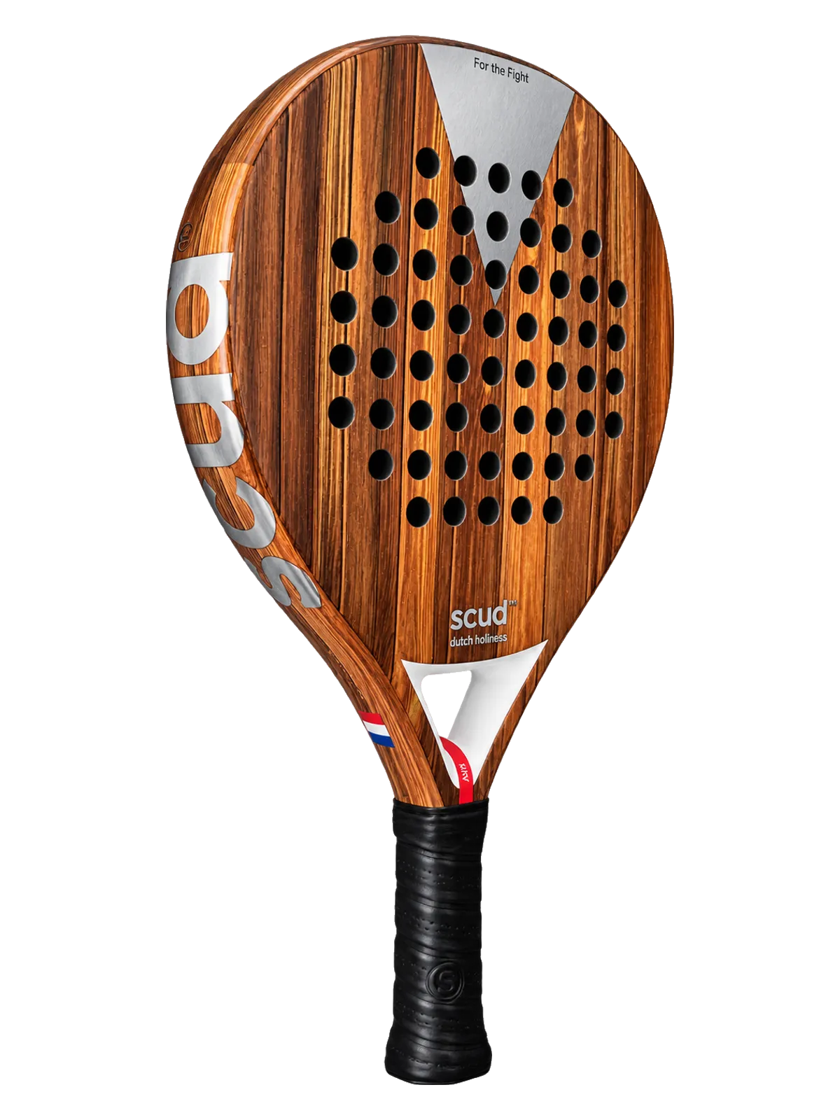 Raquette de padel SCUD Wood S1 finition bois avec chevron argent, vue de trois quarts