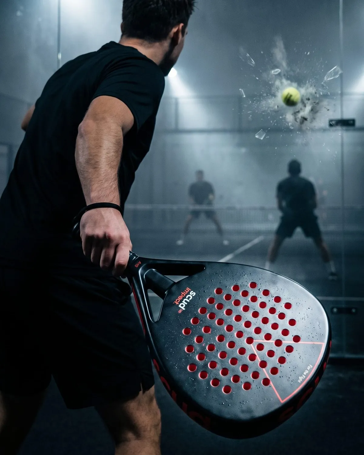 Joueur de dos sur un court de padel de nuit, la Black Impact B3 en main, la balle traverse la lumière des projecteurs