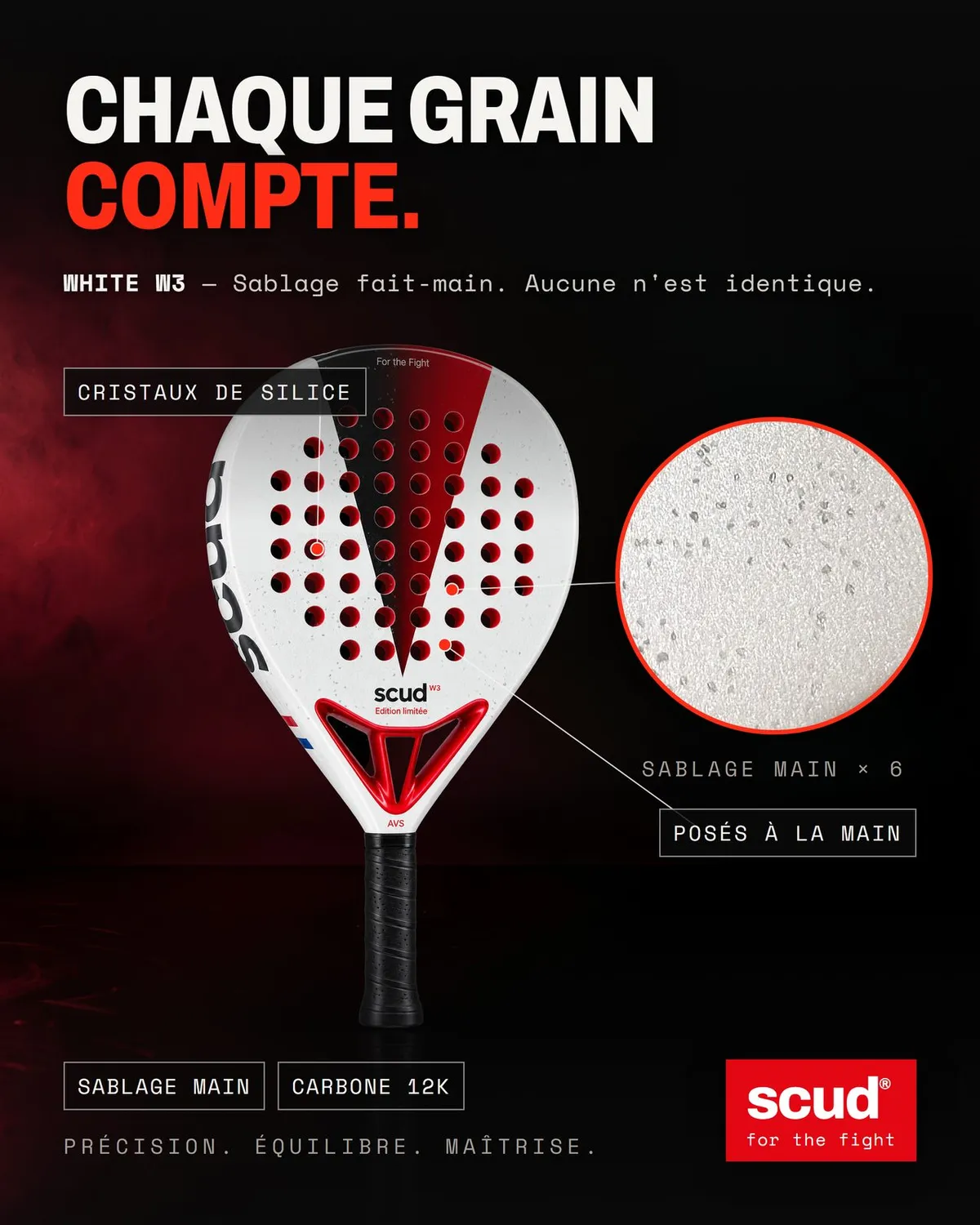 Affiche officielle SCUD « Chaque grain compte » : la White S3 et un médaillon des cristaux de silice posés à la main