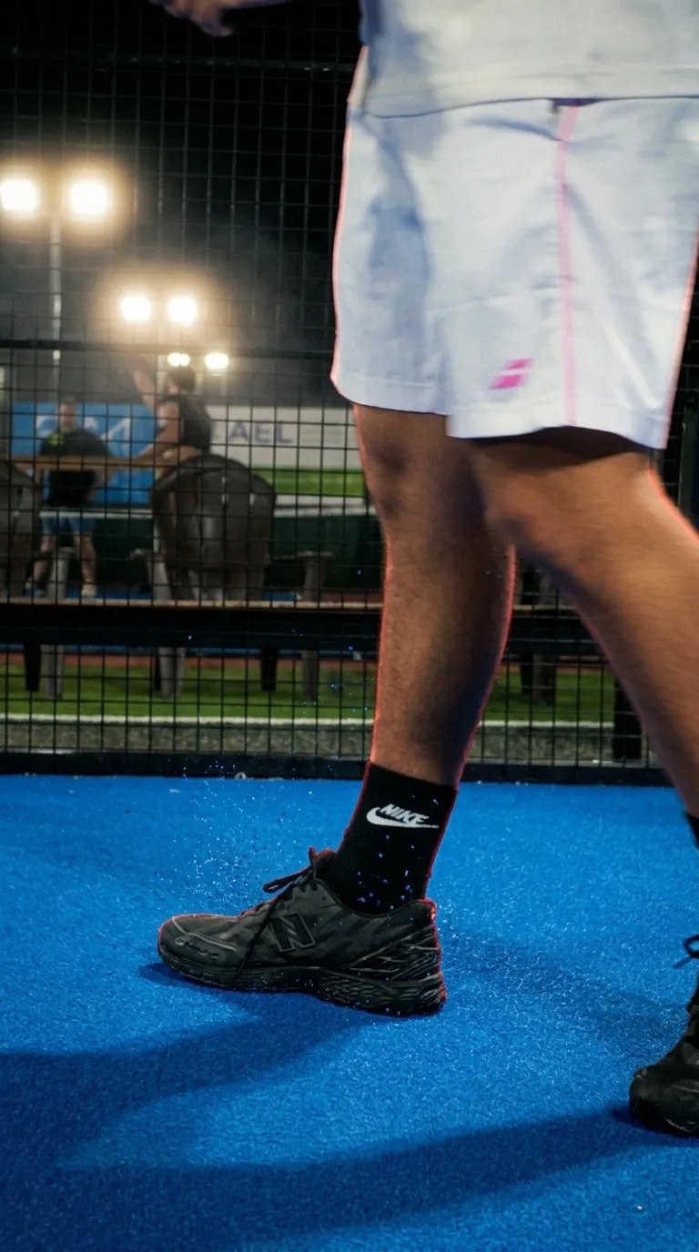 Los apoyos de un jugador con pantalón corto blanco sobre el césped azul