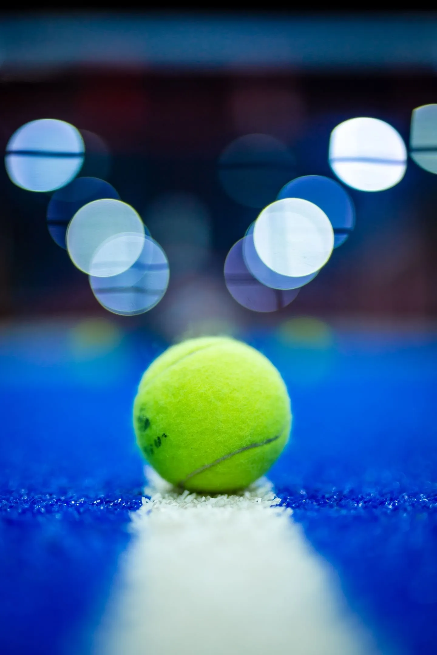 Uma bola de padel pousada na linha branca de um relvado azul, com as luzes do clube desfocadas atrás