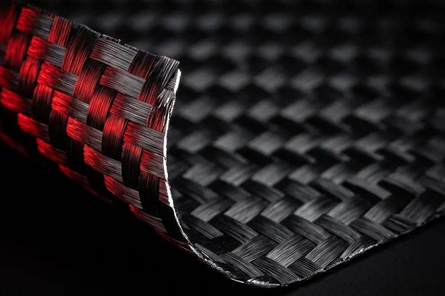 Close-up of the carbon weave of a SCUD padel racket under raking red light, the checkered pattern of the fabric clearly visible