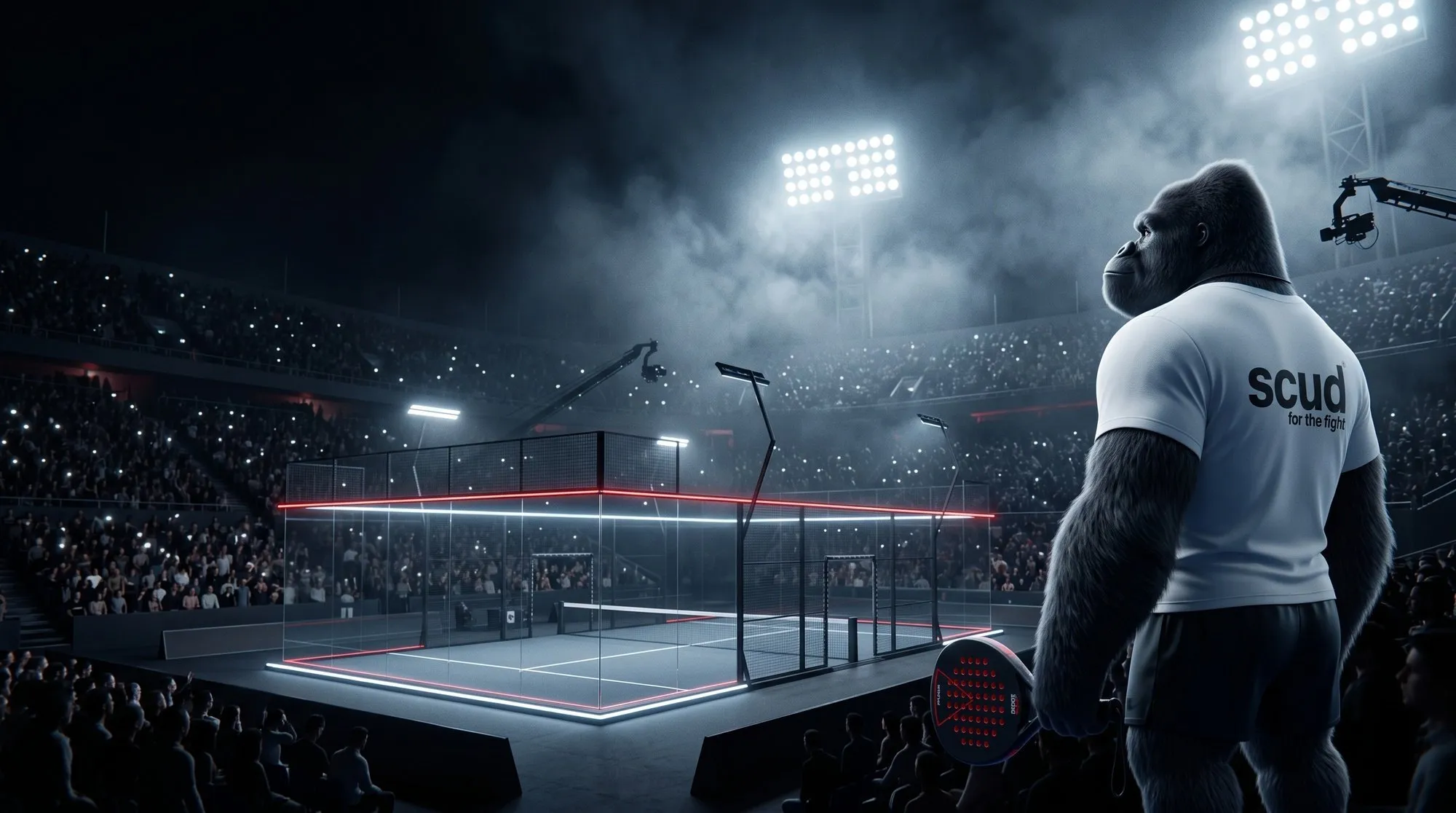 Illustration : Coach SCUD de dos face à une arène de padel pleine, sous les projecteurs