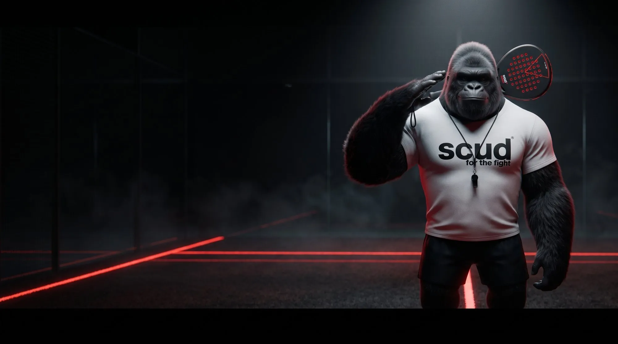 Illustration : Coach SCUD fait le salut militaire sur un court sombre traversé de lignes rouges lumineuses