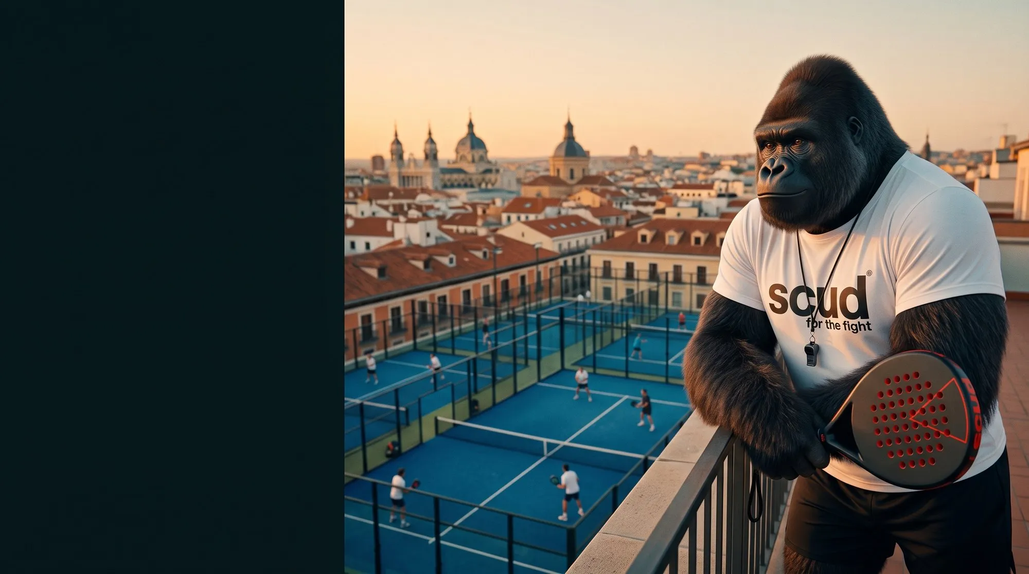 Illustration : Coach SCUD accoudé à une balustrade, raquette de padel en main, au-dessus de pistes de padel bleues et des toits d’une ville espagnole au coucher du soleil