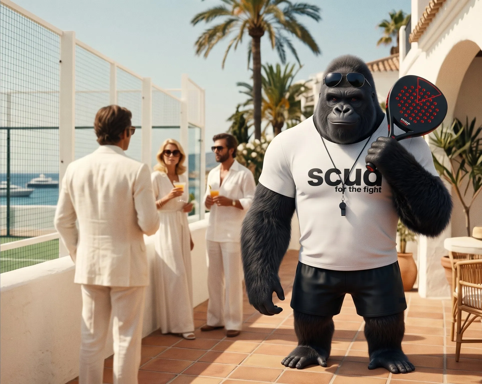 Illustration : Coach SCUD, raquette à la main, sur une terrasse de club au bord de la Méditerranée, parmi des clients en tenue blanche