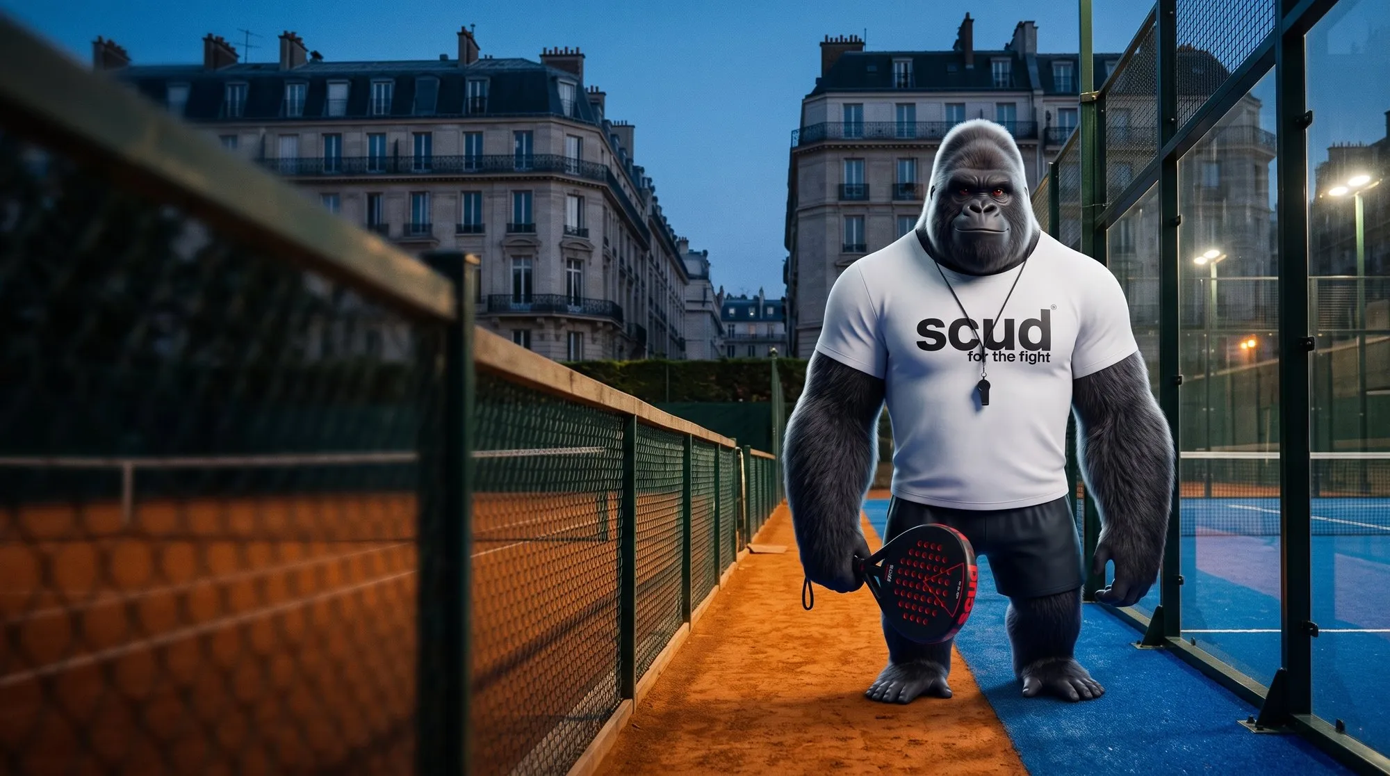 Illustration : Coach SCUD, raquette de padel à la main, debout entre une terre battue de tennis et une piste de padel bleue séparées par un grillage, entre des immeubles haussmanniens