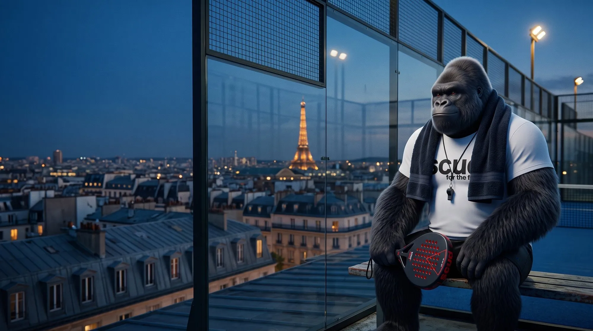 Illustration : Coach SCUD assis sur un banc au bord d’un court de padel, une serviette sur les épaules, avec les toits de Paris et la tour Eiffel au crépuscule