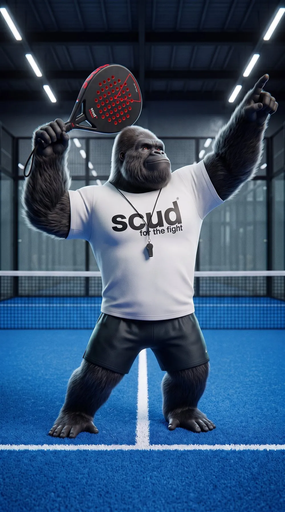 El Coach SCUD, el gorila de la marca, arma un remate con la pala en la mano y el cordón en la muñeca, y apunta a la pelota con la otra mano, en una pista azul cubierta