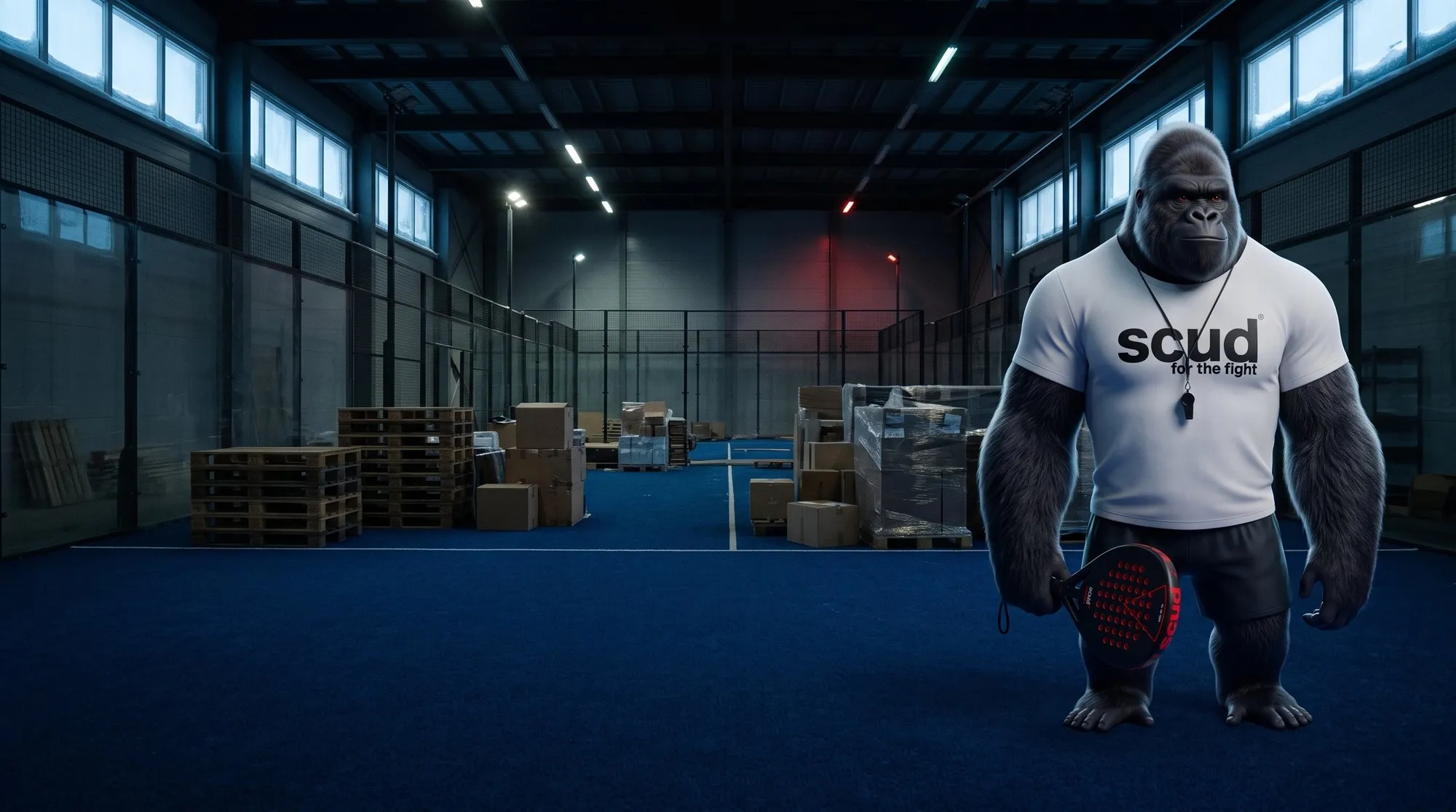 Illustration : Coach SCUD, raquette à la main, dans une ancienne halle de padel transformée en entrepôt, entre des cartons et des palettes posés sur le gazon bleu