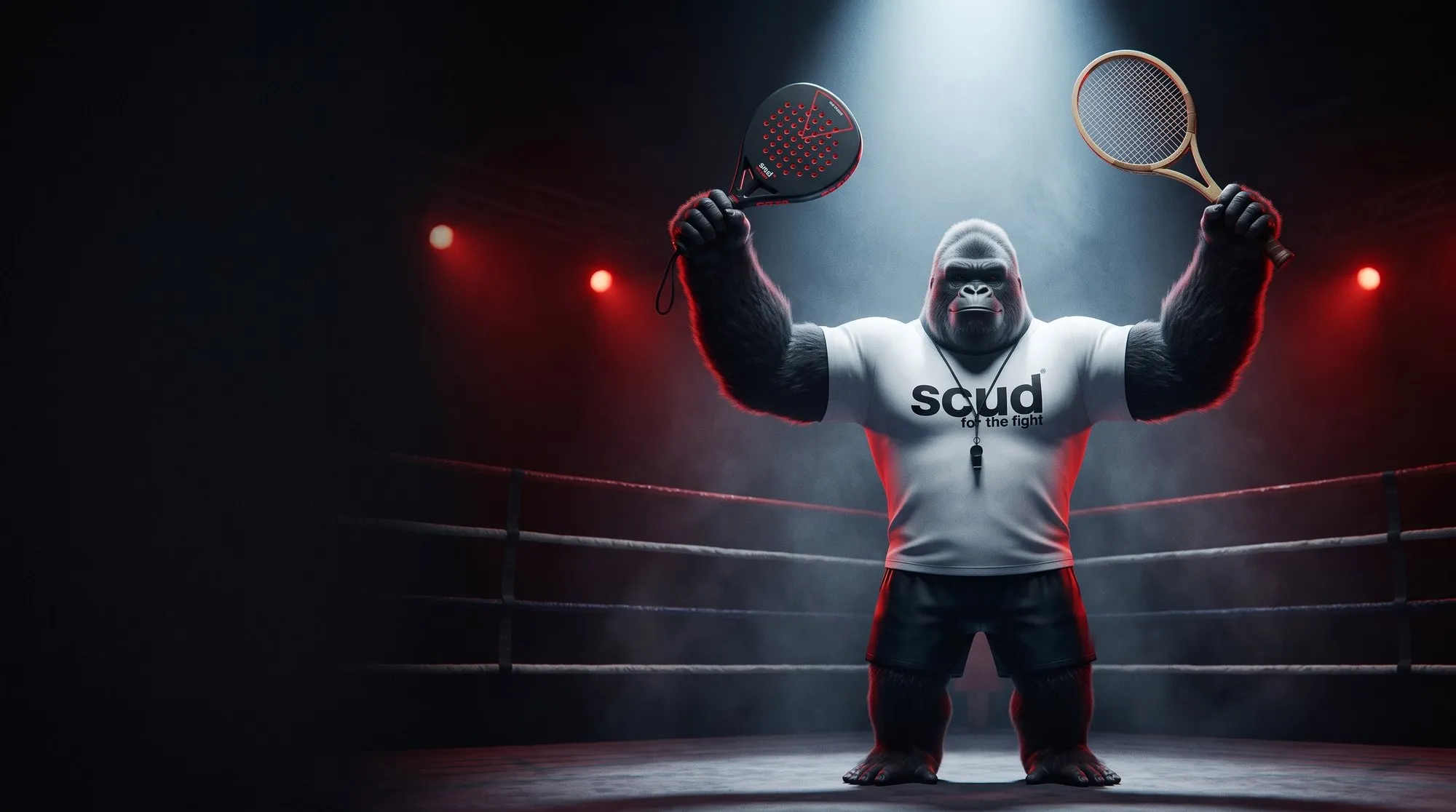Illustration : Coach SCUD lève une raquette de padel et une raquette de tennis au centre d’un ring sous les projecteurs rouges