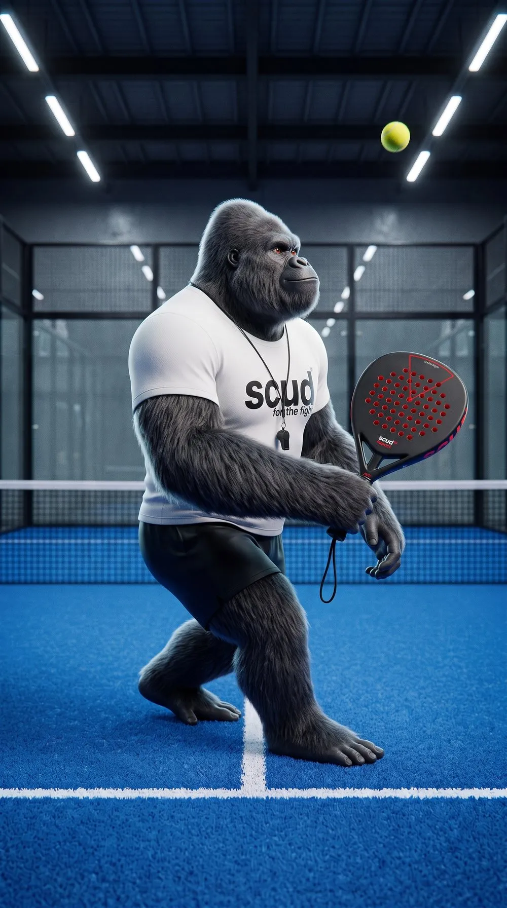 Ilustración: Coach SCUD, el gorila de la marca, con las rodillas flexionadas y la pala negra delante, sigue con la mirada una pelota alta en una pista cubierta