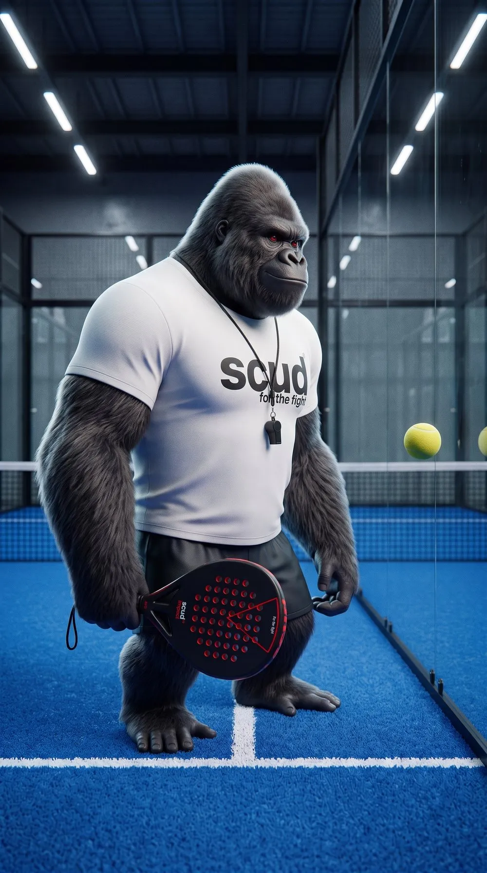 Ilustración: Coach SCUD de pie, de perfil, cerca de la pared lateral de una pista cubierta, pala negra baja, con una pelota que llega a lo largo del cristal