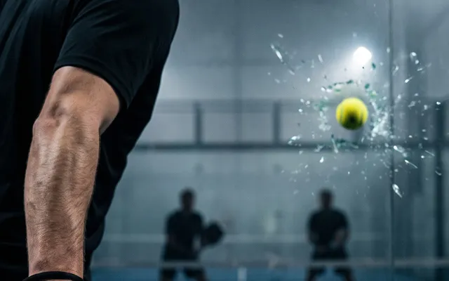 Joueur de padel frappant la balle sur un terrain couvert éclairé de nuit, ses partenaires visibles en fond derrière la vitre