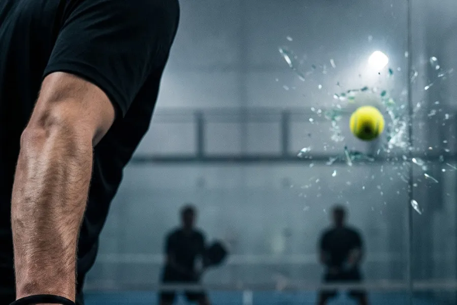 Joueur de padel frappant la balle sur un terrain couvert éclairé de nuit, ses partenaires visibles en fond derrière la vitre