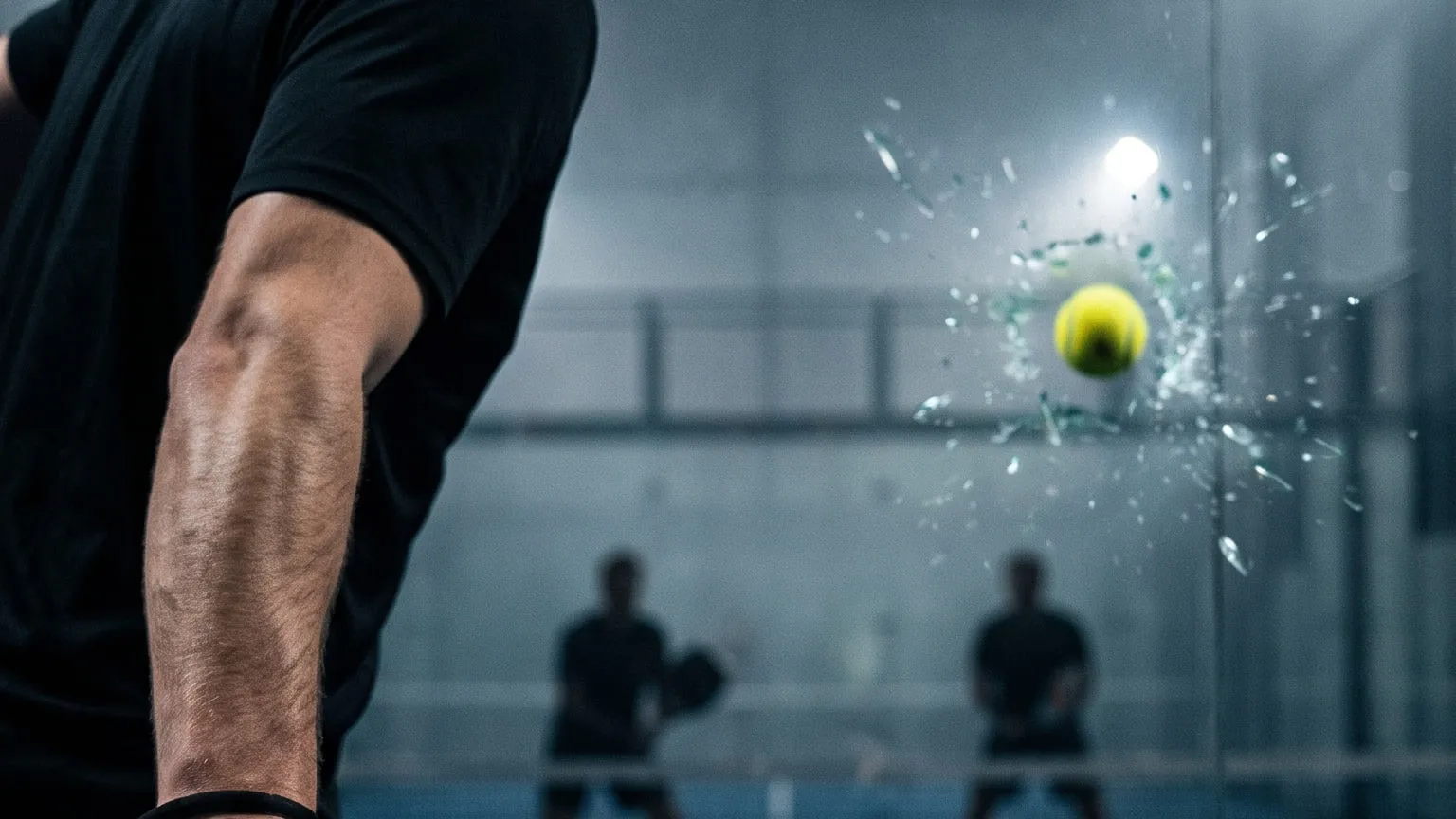 Joueurs de padel en match sur un terrain couvert éclairé de nuit