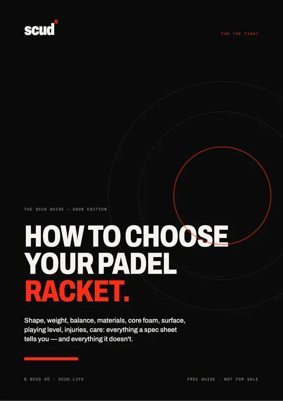 Cover of the SCUD guide “How to choose your padel racket”: black, with the title in white and red