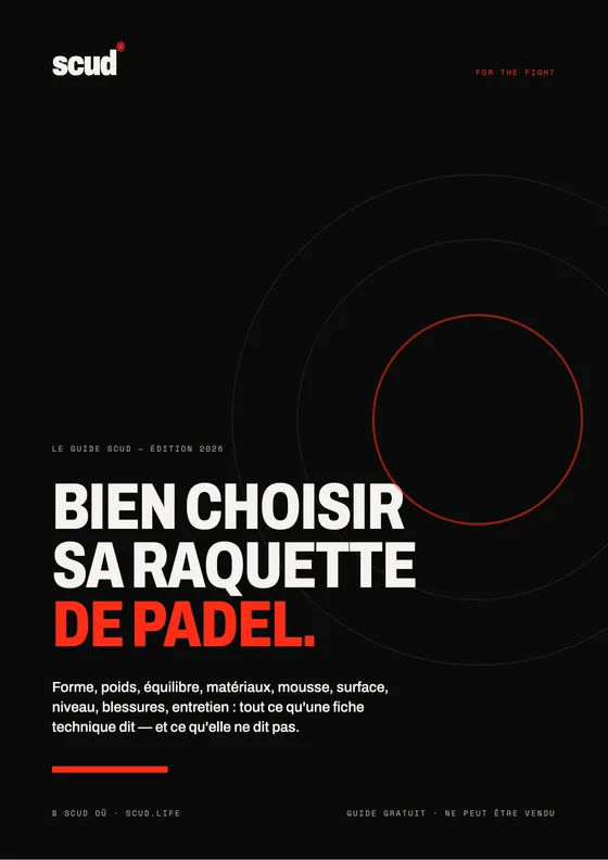 Couverture du guide SCUD « Bien choisir sa raquette de padel » : fond noir, titre en blanc et rouge