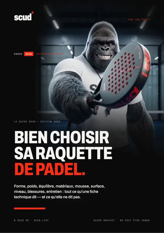 Couverture du guide SCUD « Bien choisir sa raquette de padel » : Coach SCUD, le gorille de SCUD, tend une raquette au lecteur au-dessus du titre en blanc et rouge