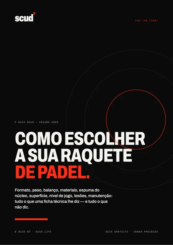 Capa do guia SCUD «Como escolher a raquete de padel»: fundo preto, título a branco e vermelho