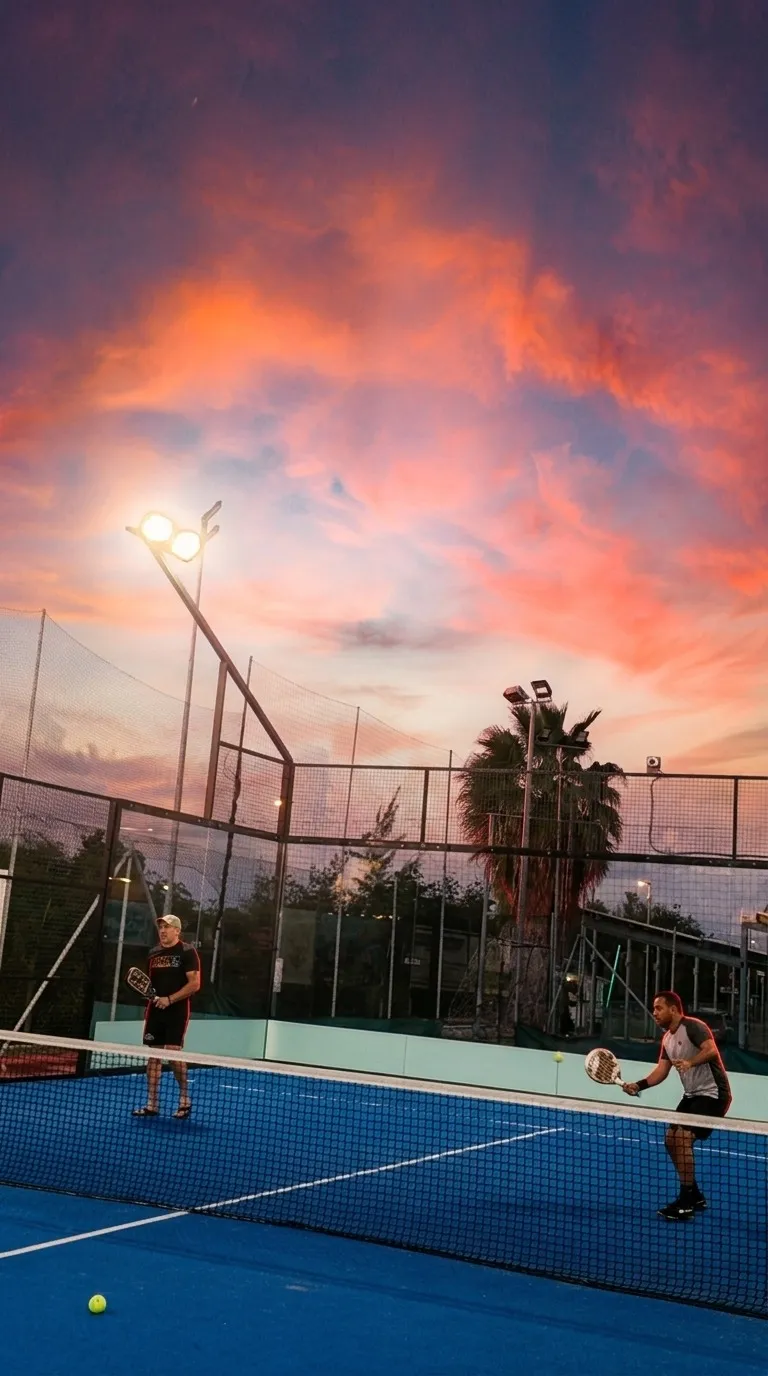 Court de padel sous un ciel de coucher de soleil, projecteurs allumés