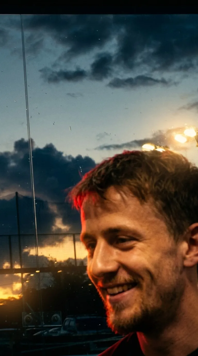 Un joueur sourit entre deux points, au coucher du soleil