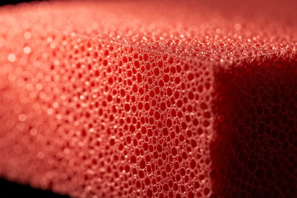 Tranche de mousse EVA Red Power d'une raquette de padel SCUD, structure alvéolaire rouge en gros plan