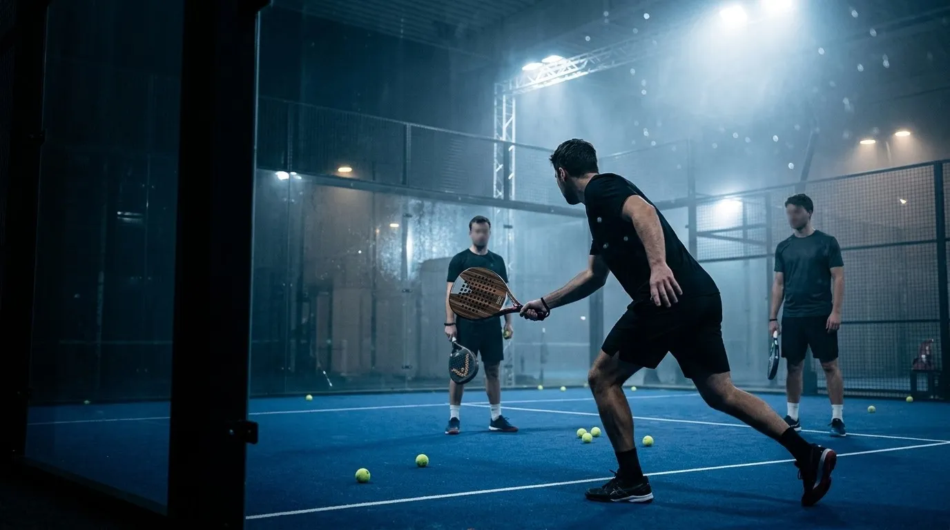 Cours de padel le soir sur un court bleu : un entraîneur montre une volée à deux joueurs, des balles éparpillées au sol