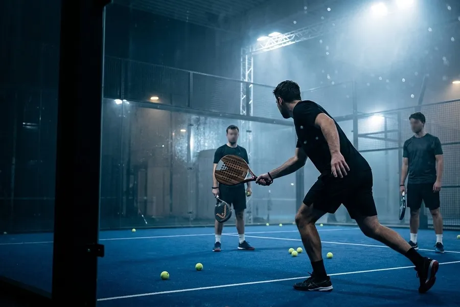 Cours de padel le soir sur un court bleu : un entraîneur montre une volée à deux joueurs, des balles éparpillées au sol