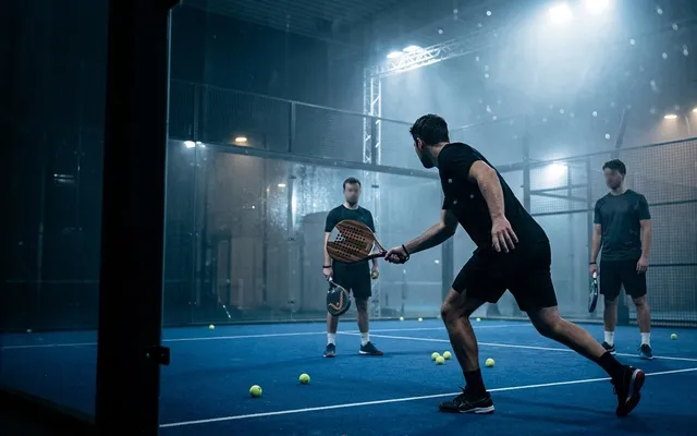 Cours de padel le soir sur un court bleu : un entraîneur montre une volée à deux joueurs, des balles éparpillées au sol