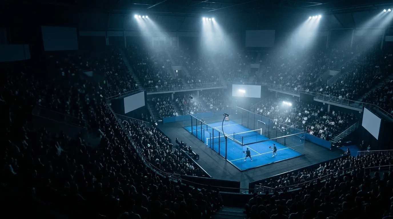 Grande arène de padel couverte vue du haut des tribunes, un court bleu illuminé au centre, la foule et des écrans géants dans la pénombre