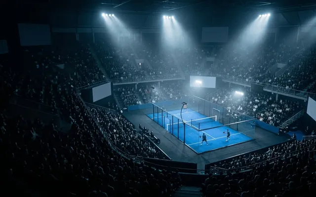 Gran pabellón de pádel cubierto visto desde lo alto de las gradas, con una pista azul iluminada en el centro, el público y pantallas gigantes en la penumbra