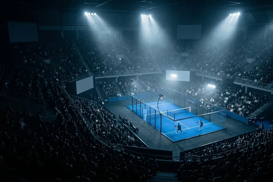 Grande arène de padel couverte vue du haut des tribunes, un court bleu illuminé au centre, la foule et des écrans géants dans la pénombre