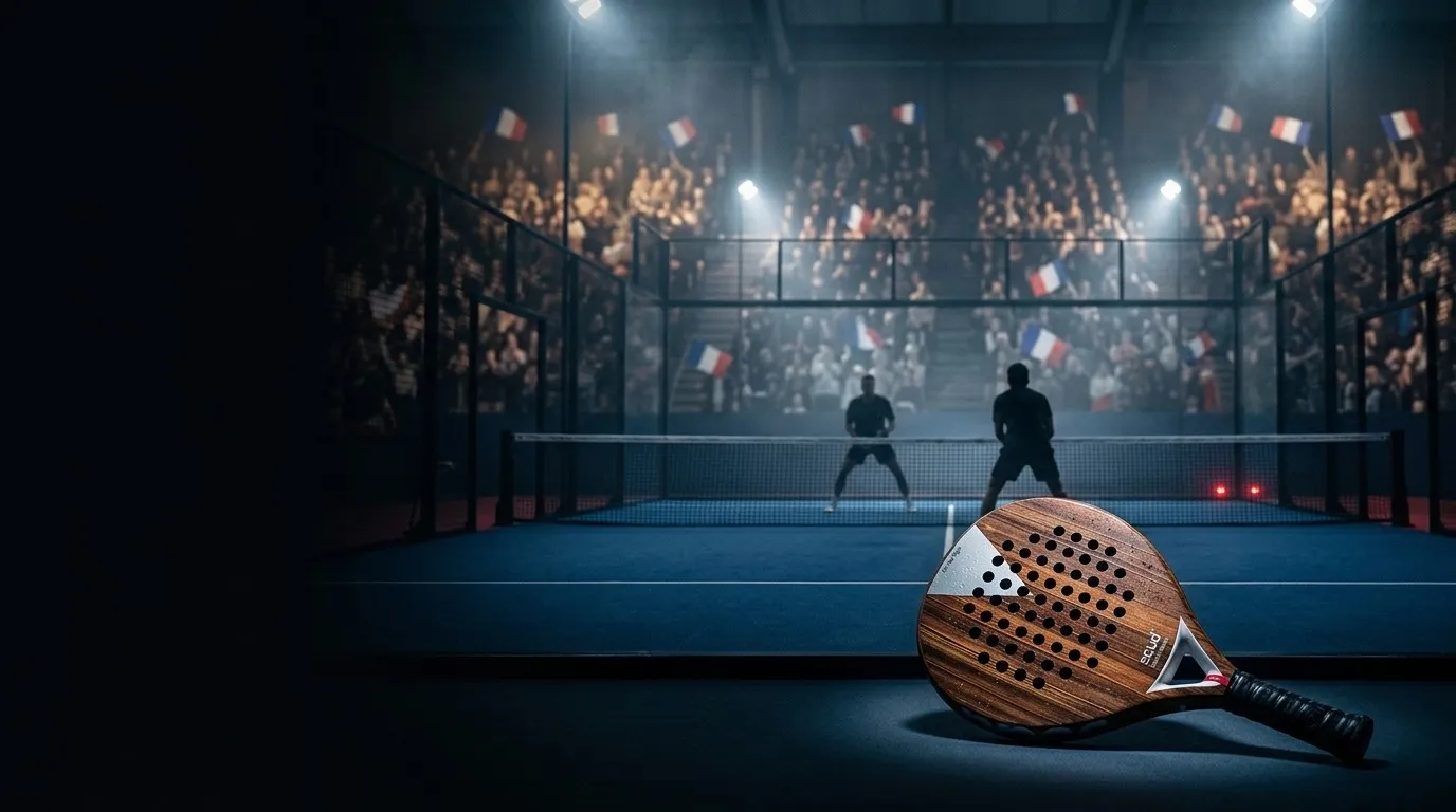 Court central d'un club de padel le soir, deux joueurs au filet, drapeaux tricolores dans les tribunes et une SCUD Wood W1 posée au premier plan