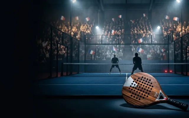 Court central d'un club de padel le soir, deux joueurs au filet, drapeaux tricolores dans les tribunes et une SCUD Wood W1 posée au premier plan