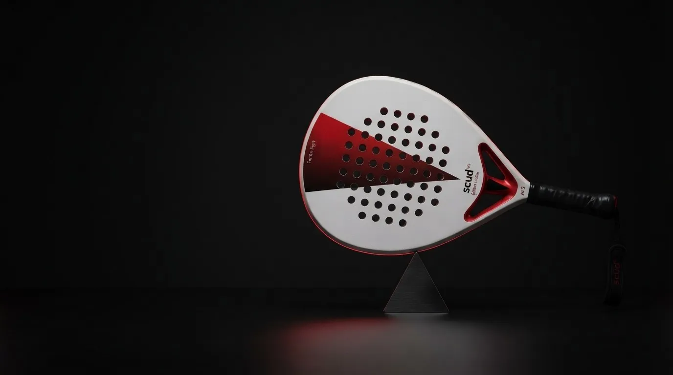 Raquette SCUD White S3 posée à l'horizontale en équilibre sur un pivot d'acier, sur fond noir : le point de balance