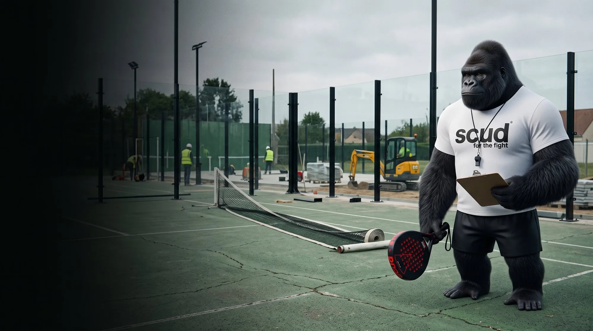 Illustration : Coach SCUD, le gorille de la marque, une raquette de padel et un bloc-notes à la main, sur un vieux court de tennis en chantier où l'on monte les vitres d'une piste de padel