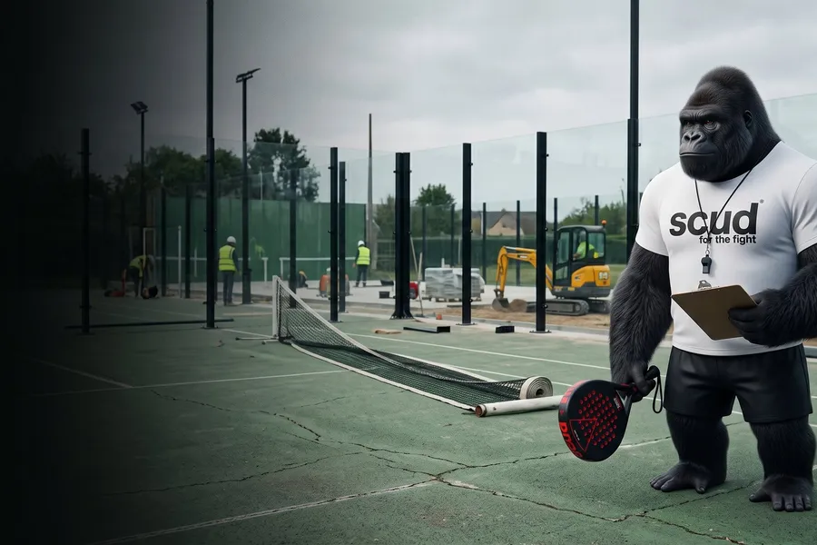 Ilustración: Coach SCUD, el gorila de la marca, con una pala de pádel y una libreta en la mano, en una vieja pista de tenis en obras donde se montan los cristales de una pista de pádel