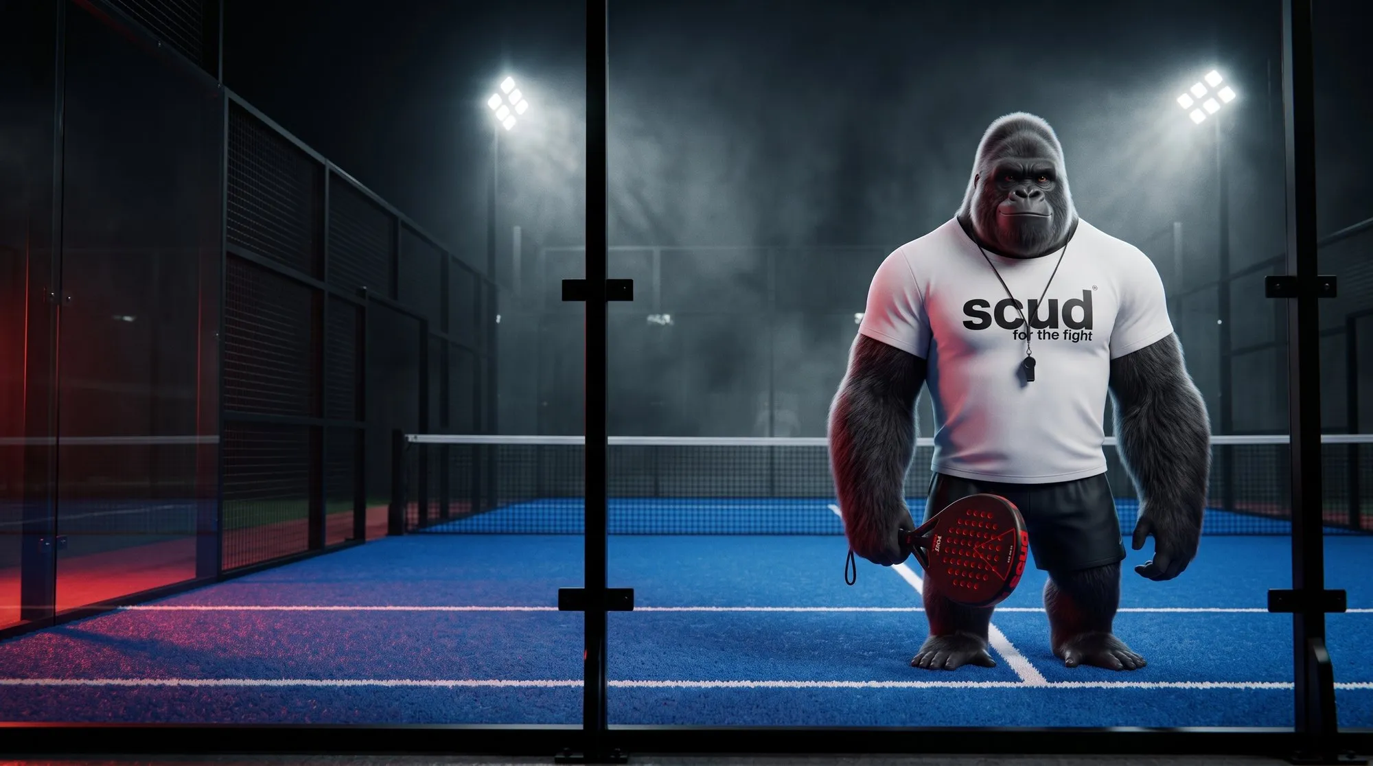 Illustration : Coach SCUD, le gorille de la marque, debout au milieu d'un court de padel bleu sous les projecteurs, raquette à la main