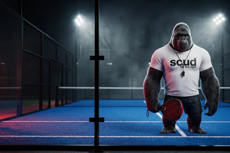 Illustration : Coach SCUD, le gorille de la marque, debout au milieu d'un court de padel bleu sous les projecteurs, raquette à la main