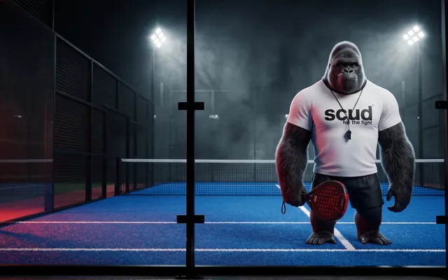 Illustration : Coach SCUD, le gorille de la marque, debout au milieu d'un court de padel bleu sous les projecteurs, raquette à la main