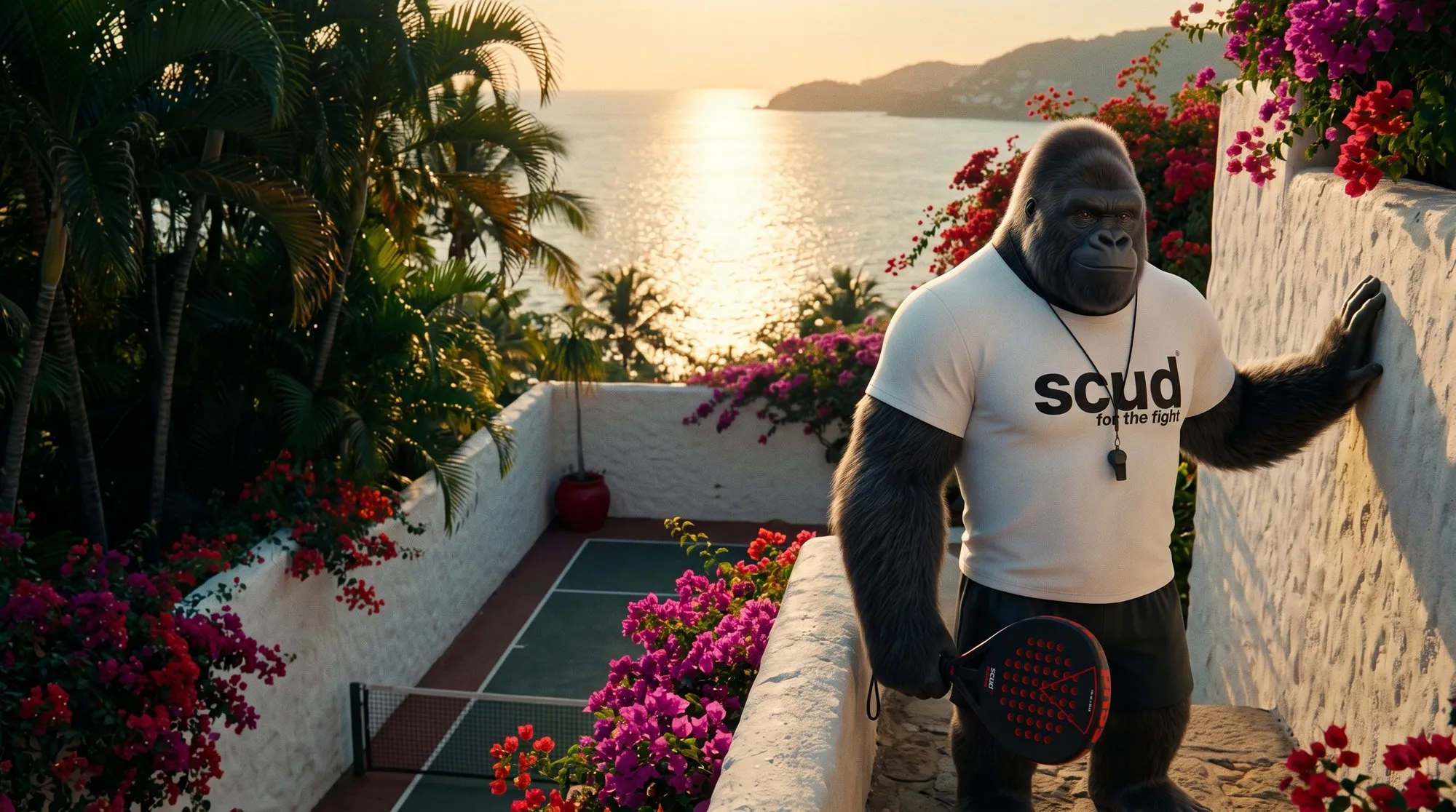 Illustration : Coach SCUD, le gorille de la marque, appuyé contre le mur blanc d'un petit terrain fleuri dominant la baie d'Acapulco au coucher du soleil