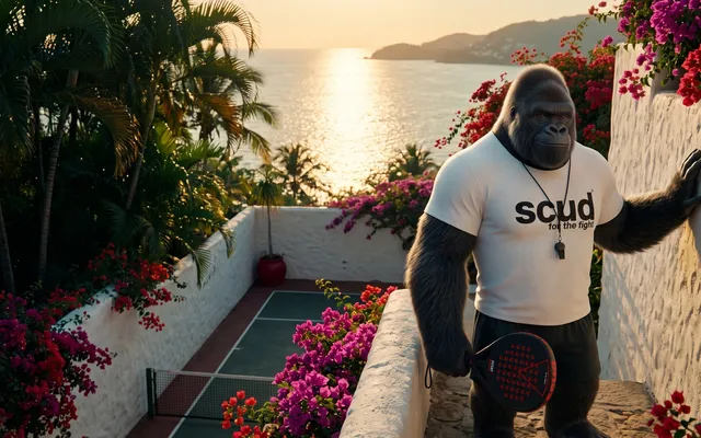 Illustration : Coach SCUD, le gorille de la marque, appuyé contre le mur blanc d'un petit terrain fleuri dominant la baie d'Acapulco au coucher du soleil